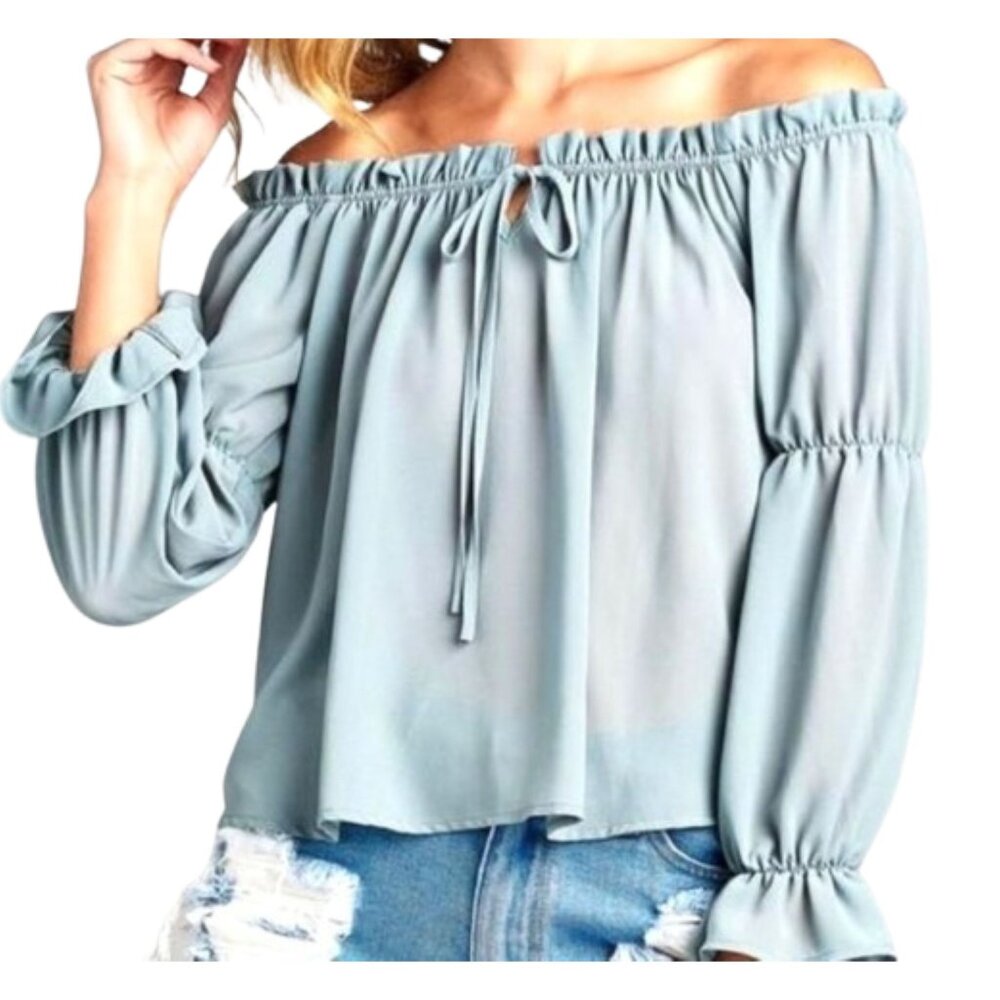 New w Tags Active USA Sage Green Off-Shoulder Peasant Style Blouse Large - Picture 8 of 8